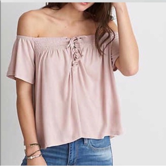 American Eagle Outfitters Tops - American Eagle shirt blush pink lace up off the shoulder flowy